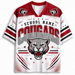A short-sleeve V-neck athletic jersey with a white body, red shoulders, and bold 'COUGARS' lettering across the chest, plus a large cougar head graphic and smaller 'SCHOOL NAME' text. The jersey has red, white, and black striping on the sleeves and a cougar logo on the shoulders.