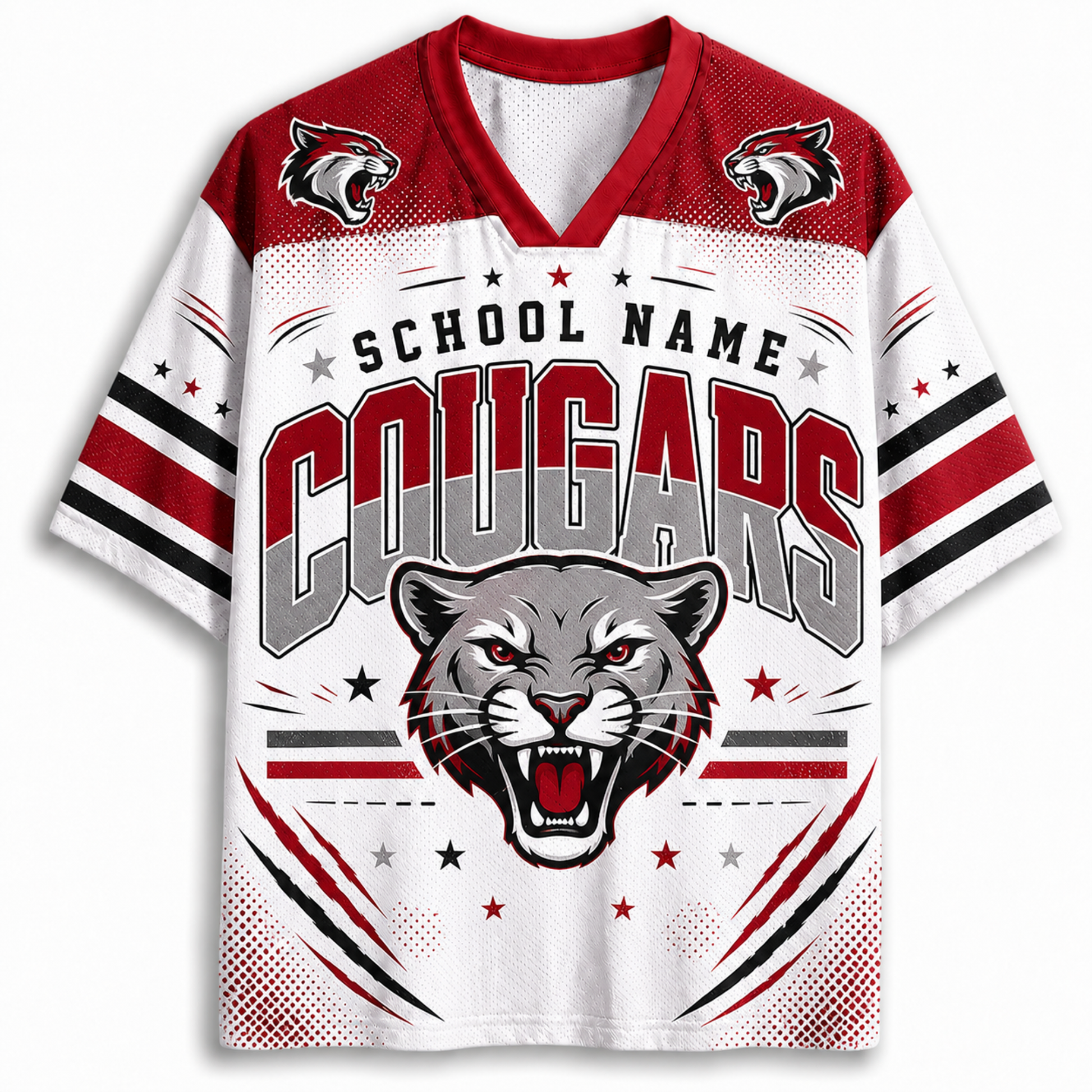 A short-sleeve V-neck athletic jersey with a white body, red shoulders, and bold 'COUGARS' lettering across the chest, plus a large cougar head graphic and smaller 'SCHOOL NAME' text. The jersey has red, white, and black striping on the sleeves and a cougar logo on the shoulders.
