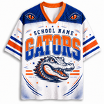 A customizable Florida Gators themed short-sleeve athletic jersey. The jersey features a white body with blue and orange accents, including a blue and orange V-neck collar, blue shoulder panels with orange eyes, and blue and orange stripes on the sleeves.