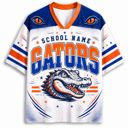A customizable Florida Gators themed short-sleeve athletic jersey. The jersey features a white body with blue and orange accents, including a blue and orange V-neck collar, blue shoulder panels with orange eyes, and blue and orange stripes on the sleeves.