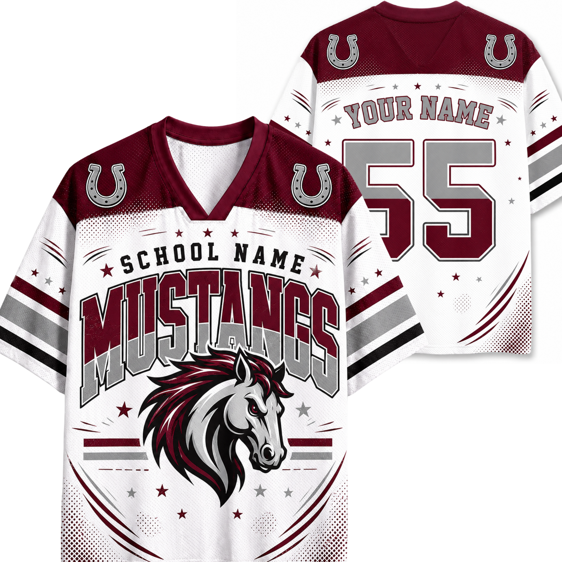 A custom football jersey shown from both front and back. The jersey is white with maroon and gray graphics, featuring a horse head logo, 'SCHOOL NAME MUSTANGS' text, and customizable fields 'YOUR NAME' and number '55'.