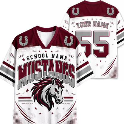 A custom football jersey shown from both front and back. The jersey is white with maroon and gray graphics, featuring a horse head logo, 'SCHOOL NAME MUSTANGS' text, and customizable fields 'YOUR NAME' and number '55'.