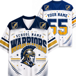 Customizable football jersey mockup showing both front and back views. The jersey is white with navy blue and gold accents, featuring a Spartan helmet graphic, 'WARRIORS' text, and placeholder text 'YOUR NAME' and 'YOUR SCHOOL NAME'.