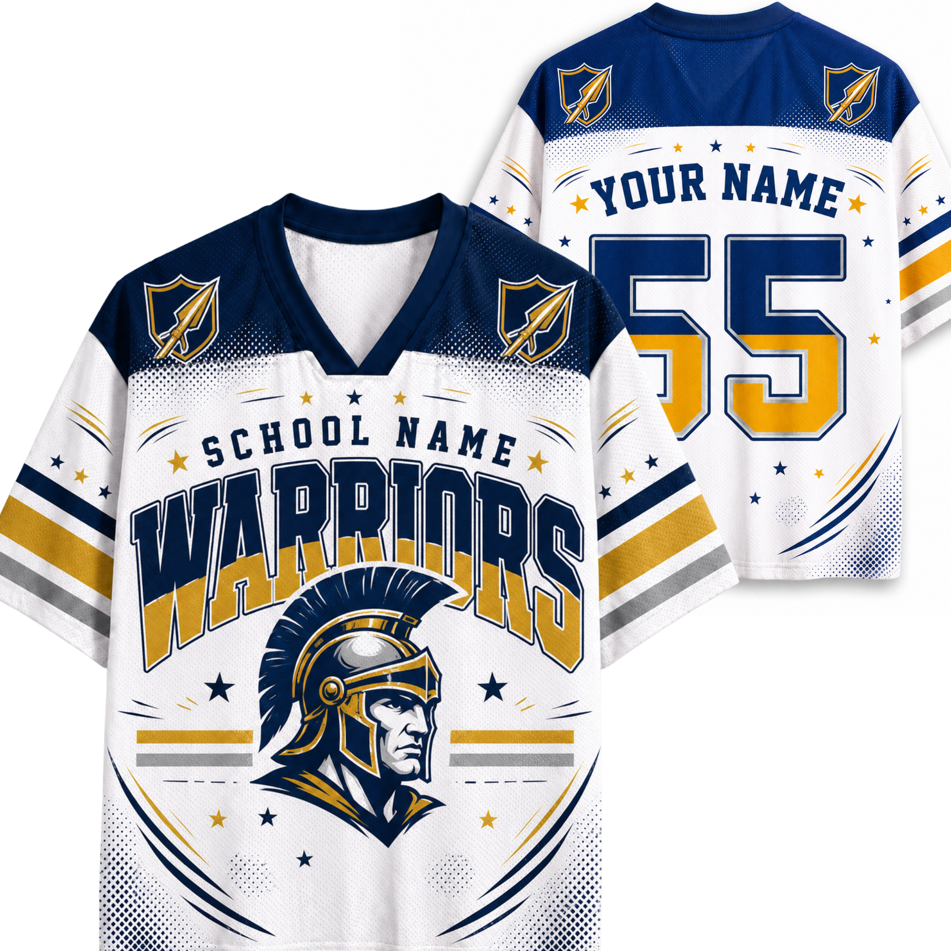 Customizable football jersey mockup showing both front and back views. The jersey is white with navy blue and gold accents, featuring a Spartan helmet graphic, 'WARRIORS' text, and placeholder text 'YOUR NAME' and 'YOUR SCHOOL NAME'.