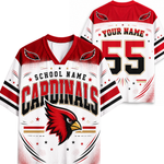Customizable football jersey shown from both front and back views. The jersey is white and red with black and gold accents, featuring a red cardinal bird logo on the front, 'SCHOOL NAME CARDINALS' text, and 'YOUR NAME 55' on the back.