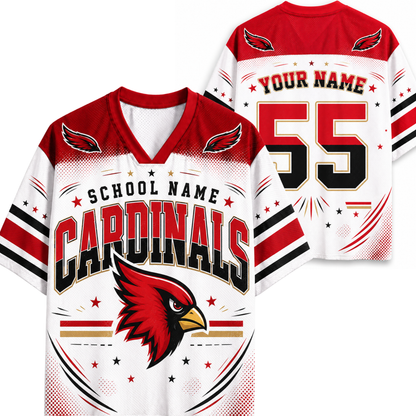 Customizable football jersey shown from both front and back views. The jersey is white and red with black and gold accents, featuring a red cardinal bird logo on the front, 'SCHOOL NAME CARDINALS' text, and 'YOUR NAME 55' on the back.
