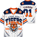 Customizable short-sleeve V-neck sports jersey shown from the front and back, featuring a white base with navy blue and orange graphics, including a tiger head logo, paw prints, and 'TIGERS' text.