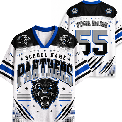 Custom Panthers high school jersey shown from the front and back. The white, black, and blue jersey features a roaring panther graphic, paw prints on the shoulders, and customizable text fields for 'School Name' and 'Your Name'.