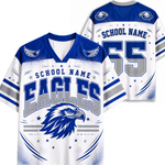 Customizable football jersey shown from both front and back views. The jersey is white with royal blue and gray graphics, featuring 'EAGLES' text, a large eagle head logo, 'SCHOOL NAME' text, and the number '55'.