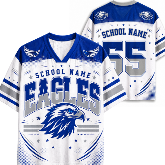 Customizable football jersey shown from both front and back views. The jersey is white with royal blue and gray graphics, featuring 'EAGLES' text, a large eagle head logo, 'SCHOOL NAME' text, and the number '55'.