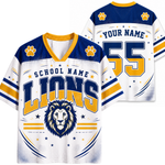 Customizable school lion sports jersey shown from the front and back. The jersey features a white base with navy blue and yellow graphics, including a lion head logo on the front, paw prints on the shoulders, and customizable text fields 'YOUR NAME' and 'SCHOOL NAME'.
