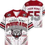 Customizable football jersey shown from both front and back views. The jersey is white with red and black accents, featuring a gray cougar mascot graphic, 'COUGARS' text, paw prints, and placeholder text 'YOUR NAME' and 'SCHOOL NAME'.