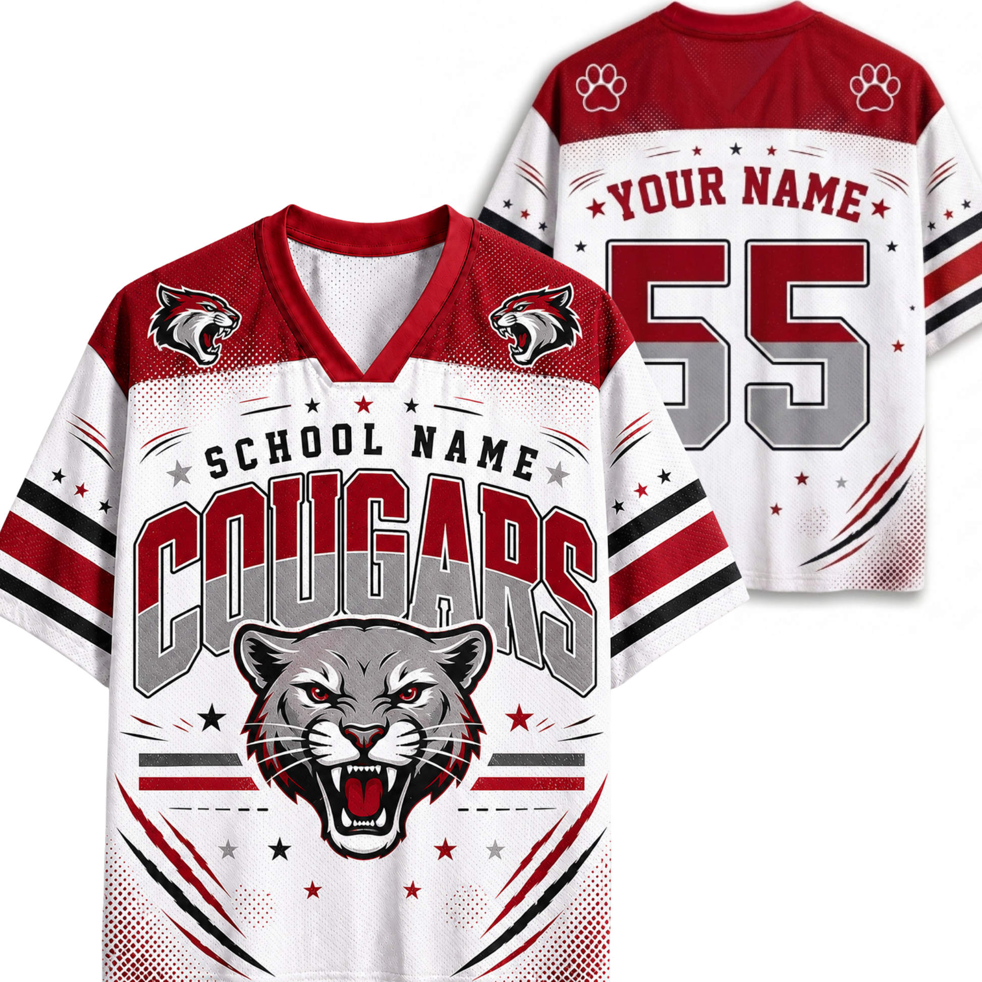 Customizable football jersey shown from both front and back views. The jersey is white with red and black accents, featuring a gray cougar mascot graphic, 'COUGARS' text, paw prints, and placeholder text 'YOUR NAME' and 'SCHOOL NAME'.