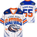 Custom Florida Gators themed football jersey shown from both front and back views. The jersey features a white base with blue and orange graphics, including the word 'GATORS' in blue and orange, a detailed alligator mascot graphic, customizable 'SCHOOL NAME' text, and the number '55' on the back.