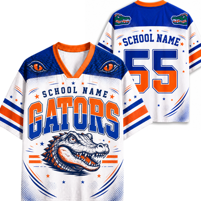 Custom Florida Gators themed football jersey shown from both front and back views. The jersey features a white base with blue and orange graphics, including the word 'GATORS' in blue and orange, a detailed alligator mascot graphic, customizable 'SCHOOL NAME' text, and the number '55' on the back.