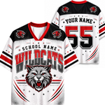 A white V-neck football-style jersey shown from the front and back, featuring maroon shoulder panels, gold trim, gold stars, and large distressed red and gold 'BEARS' lettering with a bear head graphic on the front.