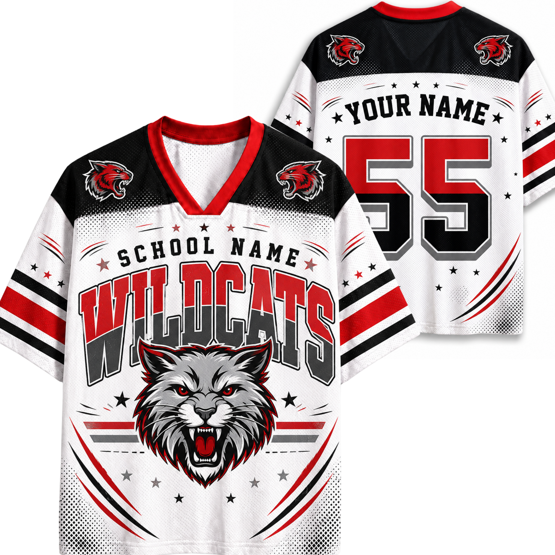 A white V-neck football-style jersey shown from the front and back, featuring maroon shoulder panels, gold trim, gold stars, and large distressed red and gold 'BEARS' lettering with a bear head graphic on the front.