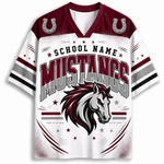 A customizable football jersey featuring a maroon and white design with a mustang horse graphic, 'SCHOOL NAME MUSTANGS' text, and horseshoe icons on the shoulders.