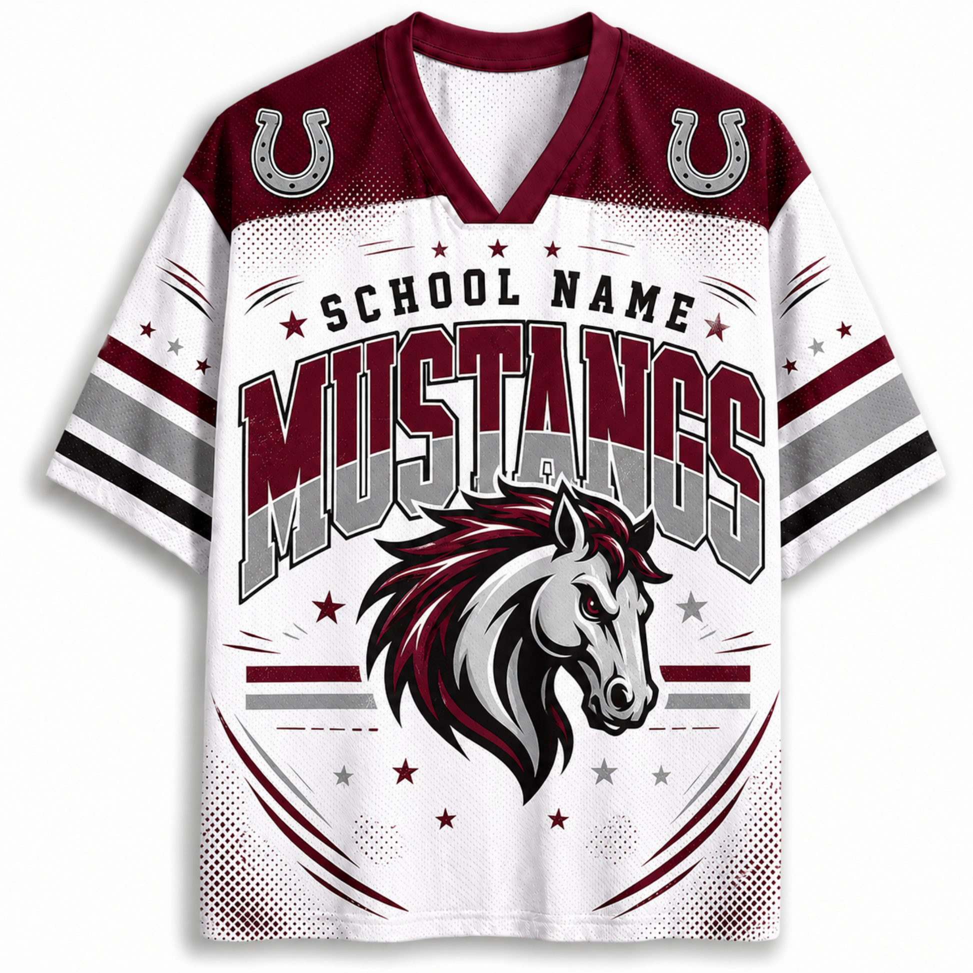 A customizable football jersey featuring a maroon and white design with a mustang horse graphic, 'SCHOOL NAME MUSTANGS' text, and horseshoe icons on the shoulders.