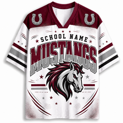 A customizable football jersey featuring a maroon and white design with a mustang horse graphic, 'SCHOOL NAME MUSTANGS' text, and horseshoe icons on the shoulders.