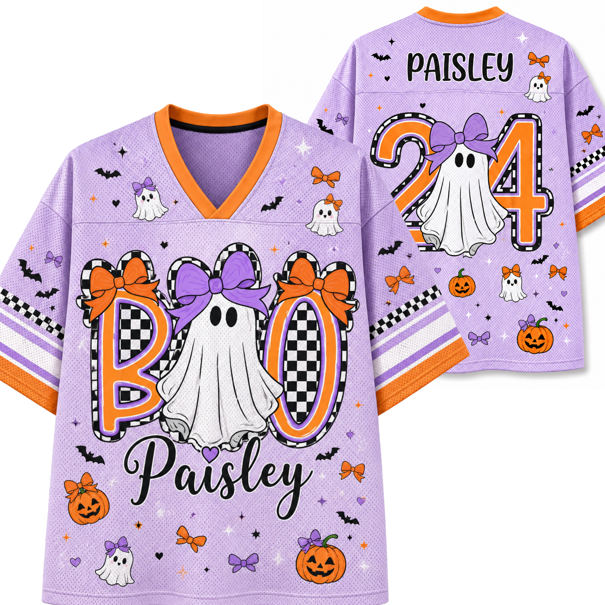A light purple mesh V-neck jersey shown from the front and back, decorated with Halloween graphics including ghosts, pumpkins, bats, bows, checkered patterns, and the name 'Paisley' with the number 24.