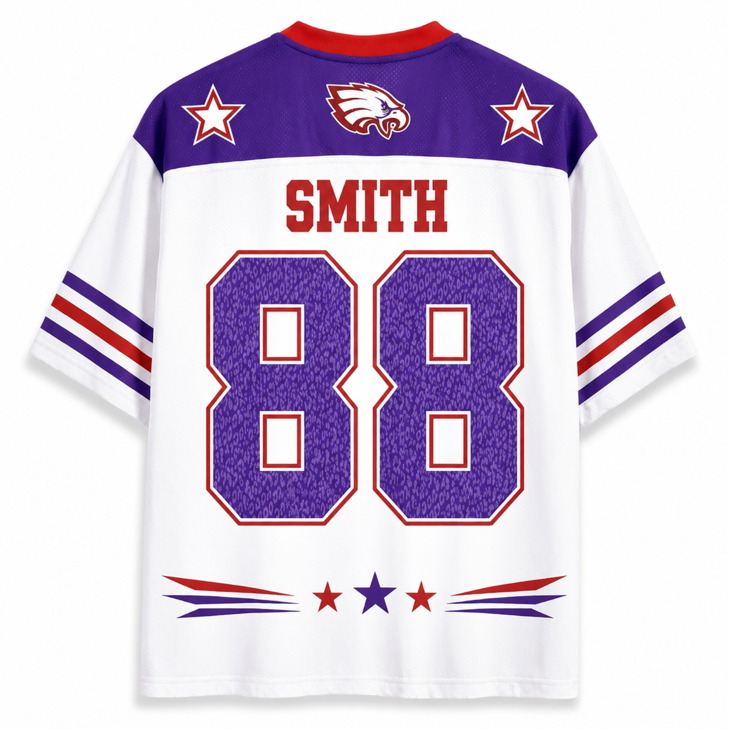 A short-sleeve football-style jersey shown from the back, with a white body, purple shoulders, red collar trim, red and blue sleeve stripes, a purple eagle head logo, two white stars, the name SMITH in red, and large purple number 88 outlined in red.