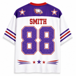 A short-sleeve football-style jersey shown from the back, with a white body, purple shoulders, red collar trim, red and blue sleeve stripes, a purple eagle head logo, two white stars, the name SMITH in red, and large purple number 88 outlined in red.