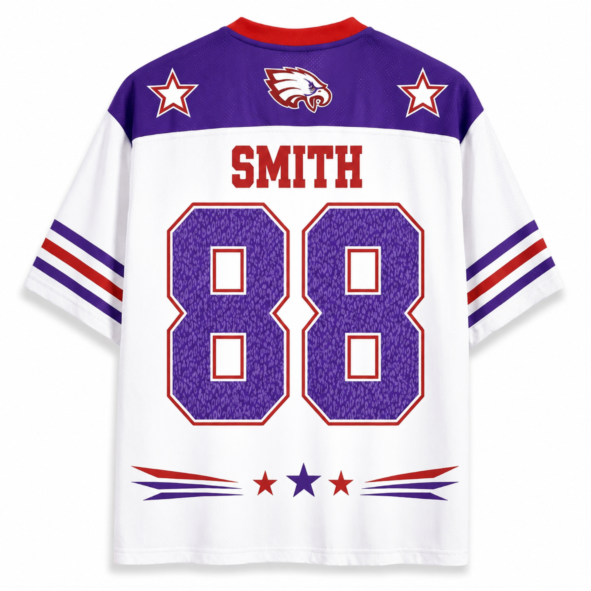 A short-sleeve football-style jersey shown from the back, with a white body, purple shoulders, red collar trim, red and blue sleeve stripes, a purple eagle head logo, two white stars, the name SMITH in red, and large purple number 88 outlined in red.