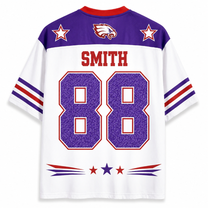 A short-sleeve football-style jersey shown from the back, with a white body, purple shoulders, red collar trim, red and blue sleeve stripes, a purple eagle head logo, two white stars, the name SMITH in red, and large purple number 88 outlined in red.