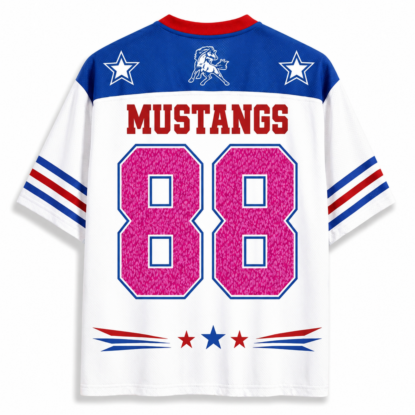 White short-sleeve sports jersey with blue shoulders, red collar trim, red 'MUSTANGS' text, blue and red sleeve stripes, a charging wildcat logo on the chest, and large pink '88' numbers outlined in blue on the back.