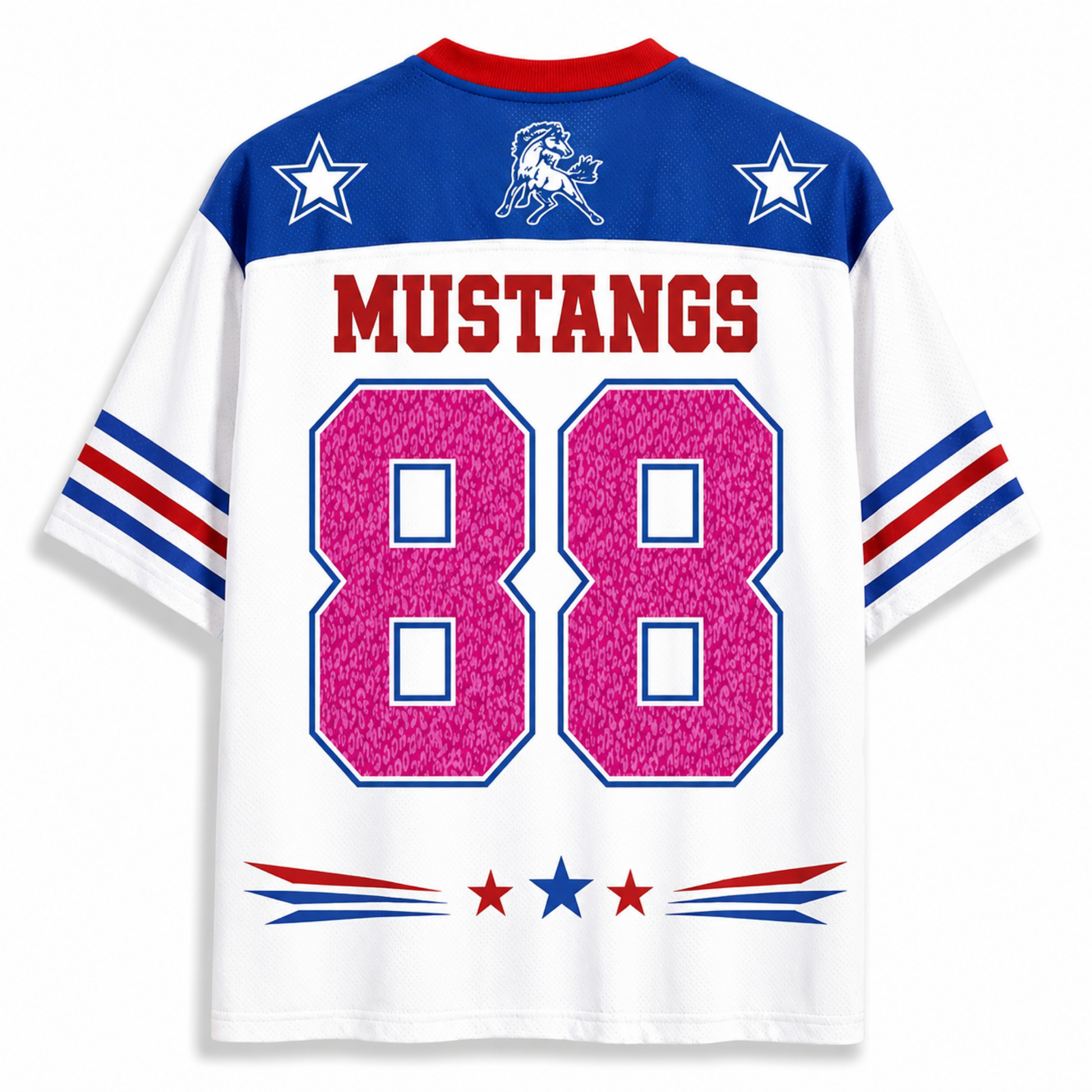 White short-sleeve sports jersey with blue shoulders, red collar trim, red 'MUSTANGS' text, blue and red sleeve stripes, a charging wildcat logo on the chest, and large pink '88' numbers outlined in blue on the back.