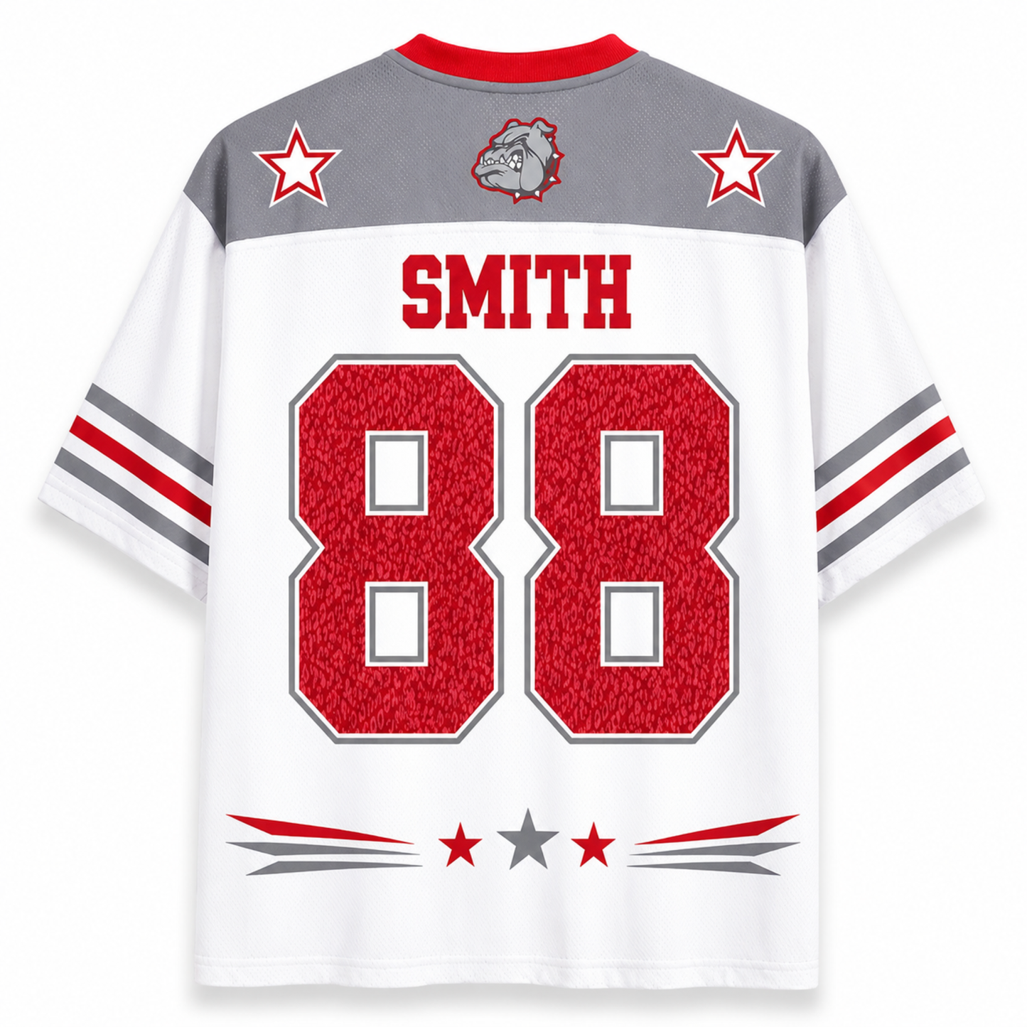 White and gray short-sleeve athletic jersey with red trim, featuring the name SMITH and number 88 on the back, plus star and mascot graphics.