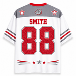White and gray short-sleeve athletic jersey with red trim, featuring the name SMITH and number 88 on the back, plus star and mascot graphics.