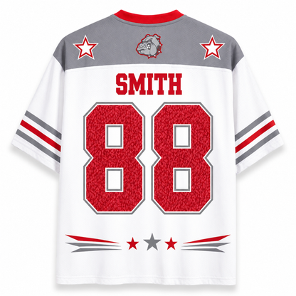 White and gray short-sleeve athletic jersey with red trim, featuring the name SMITH and number 88 on the back, plus star and mascot graphics.