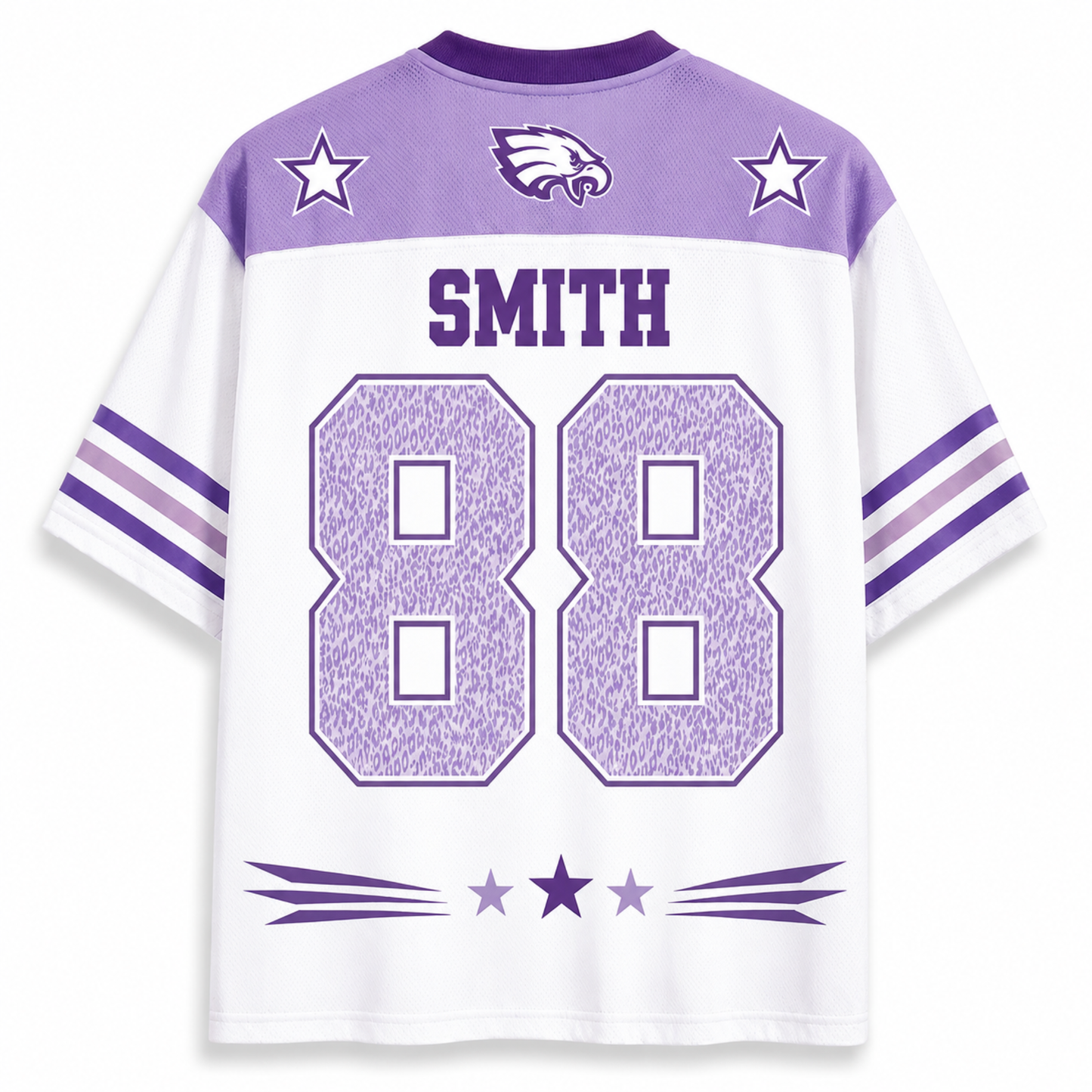 White and purple short-sleeve sports jersey shown from the back, with 'SMITH' and the number '88' in large purple patterned block letters. The collar and shoulders are purple, with two white stars, a eagle head logo, and purple sleeve stripes.