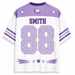 White and purple short-sleeve sports jersey shown from the back, with 'SMITH' and the number '88' in large purple patterned block letters. The collar and shoulders are purple, with two white stars, a eagle head logo, and purple sleeve stripes.