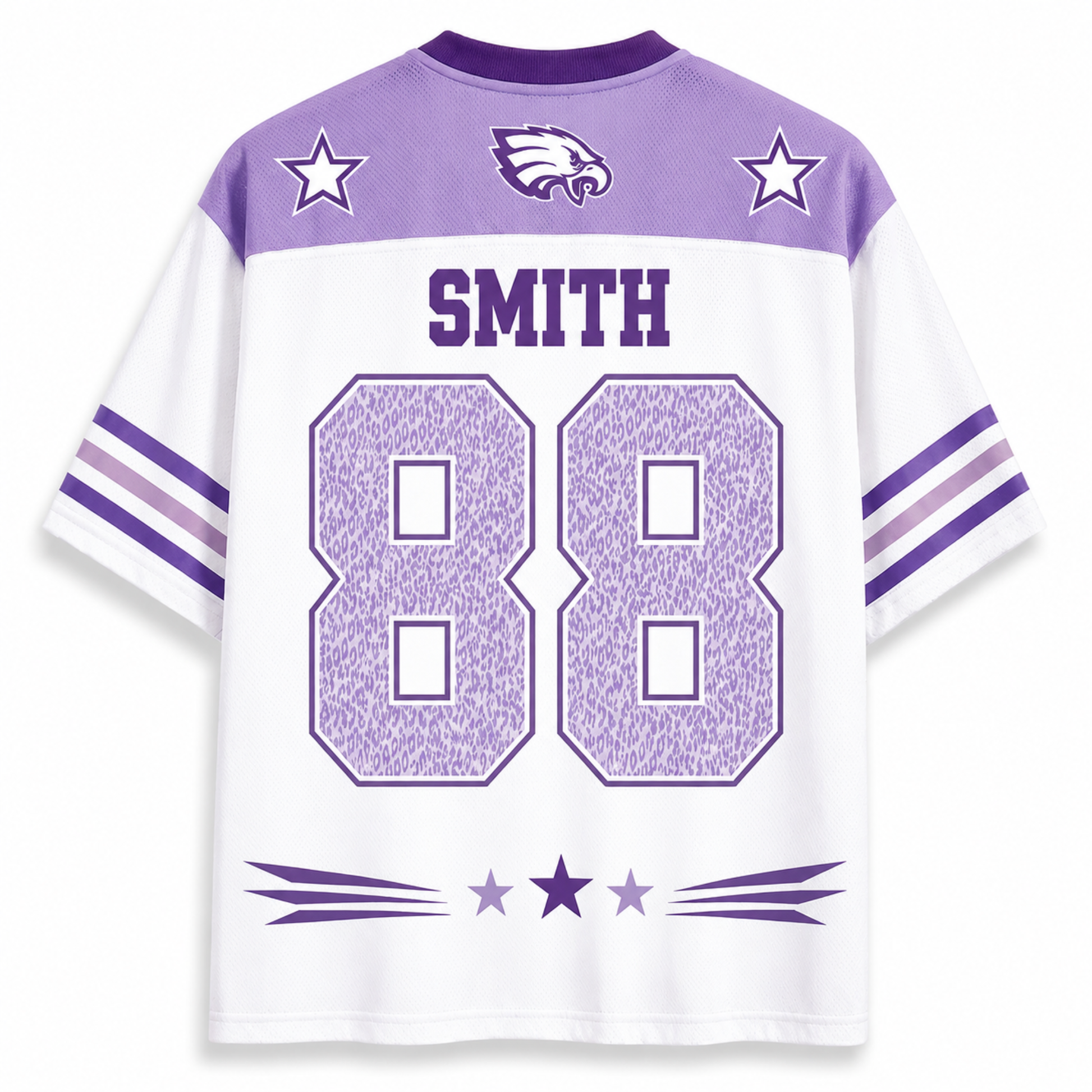White and purple short-sleeve sports jersey shown from the back, with 'SMITH' and the number '88' in large purple patterned block letters. The collar and shoulders are purple, with two white stars, a eagle head logo, and purple sleeve stripes.