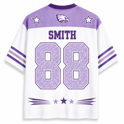 White and purple short-sleeve sports jersey shown from the back, with 'SMITH' and the number '88' in large purple patterned block letters. The collar and shoulders are purple, with two white stars, a eagle head logo, and purple sleeve stripes.