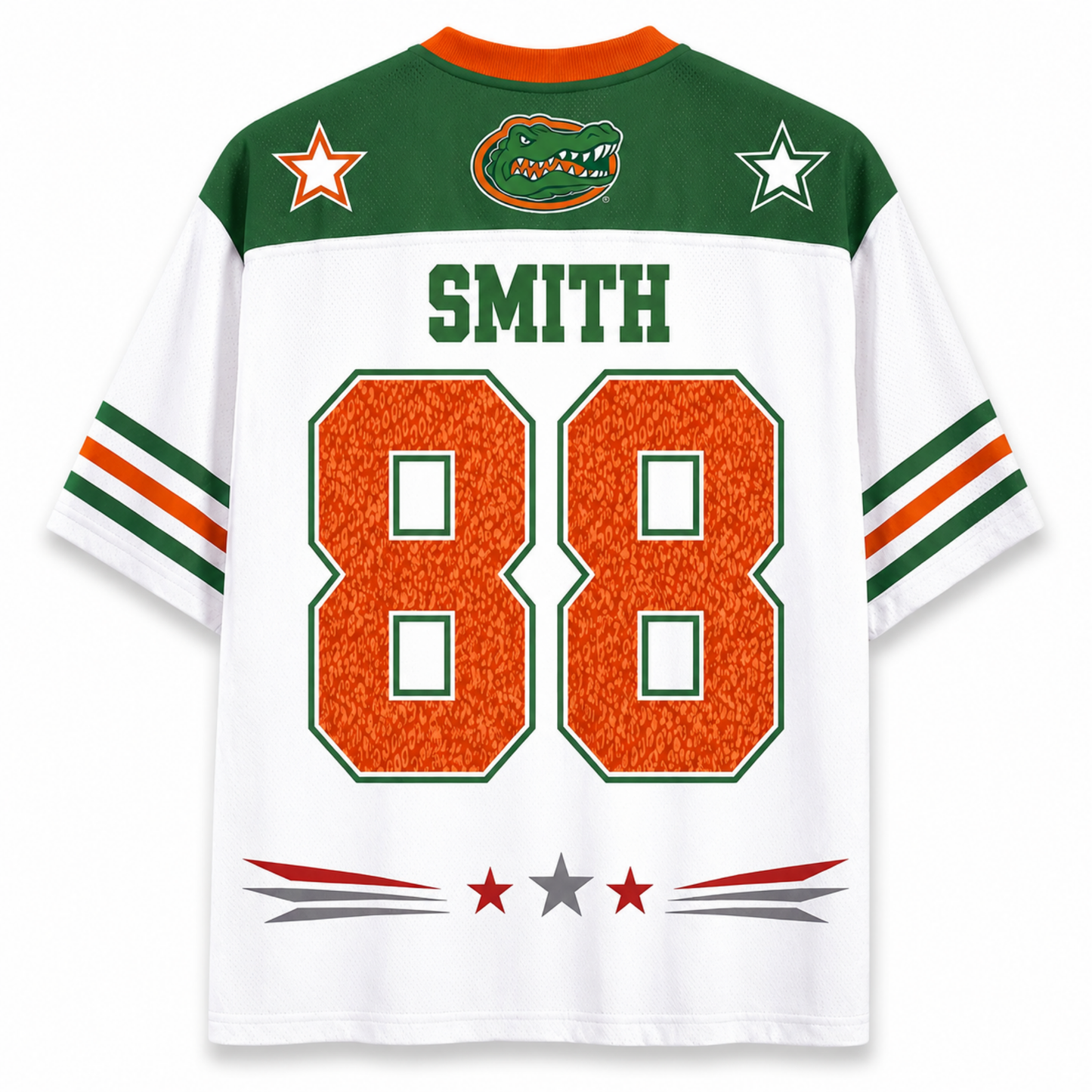 White Florida Gators football jersey with green and orange accents, featuring the name 'SMITH' and number '88' on the back, with star and alligator logo details.
