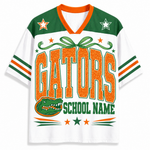 A customizable Florida Gators football jersey with a white body, green shoulders, orange collar and lettering, and a green alligator graphic on the front.