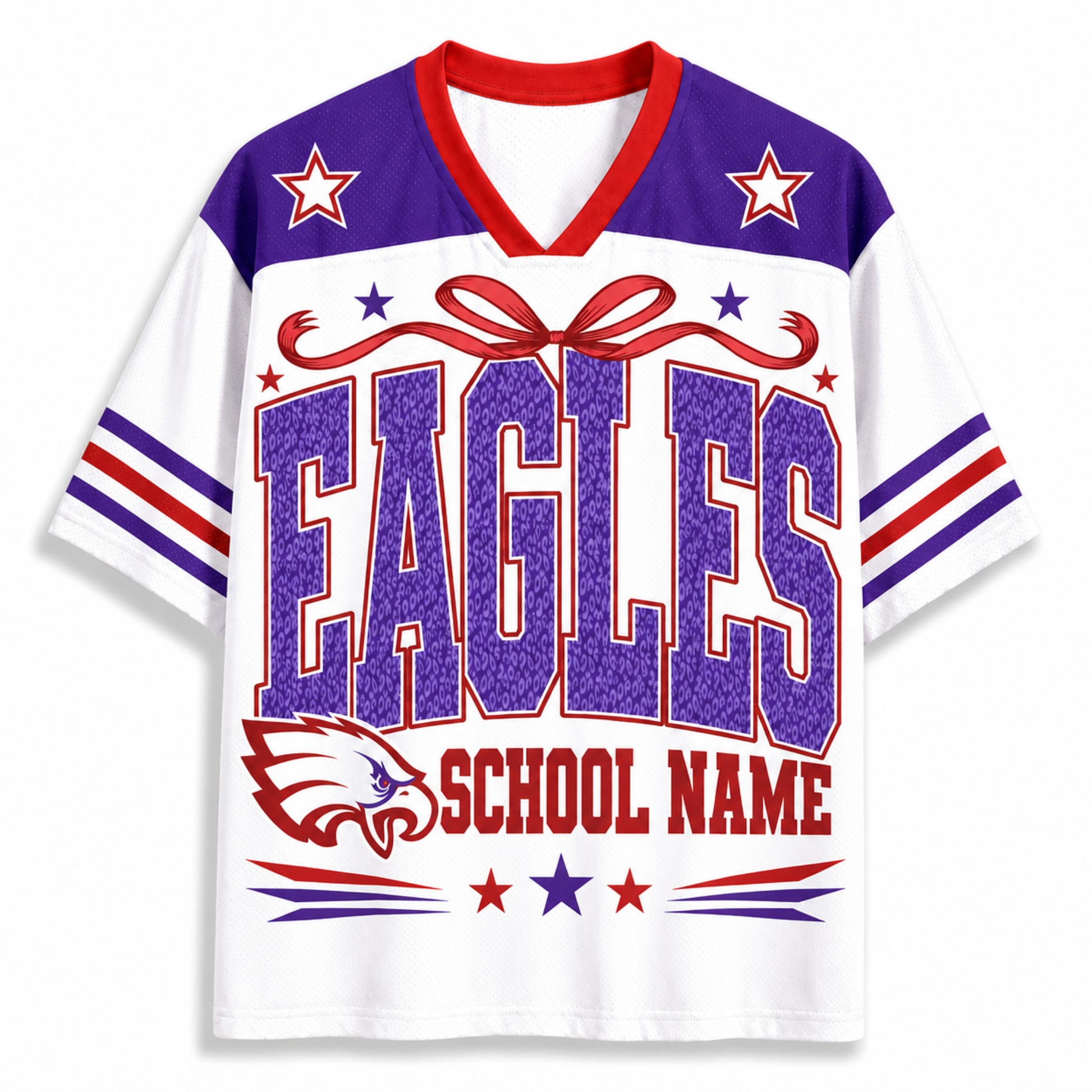 A white short-sleeve V-neck sports jersey with purple and red graphics. The front features the word 'EAGLES' in large textured purple letters outlined in red, with a red ribbon motif above, a red and white eagle head logo below, and 'SCHOOL NAME' printed in red.