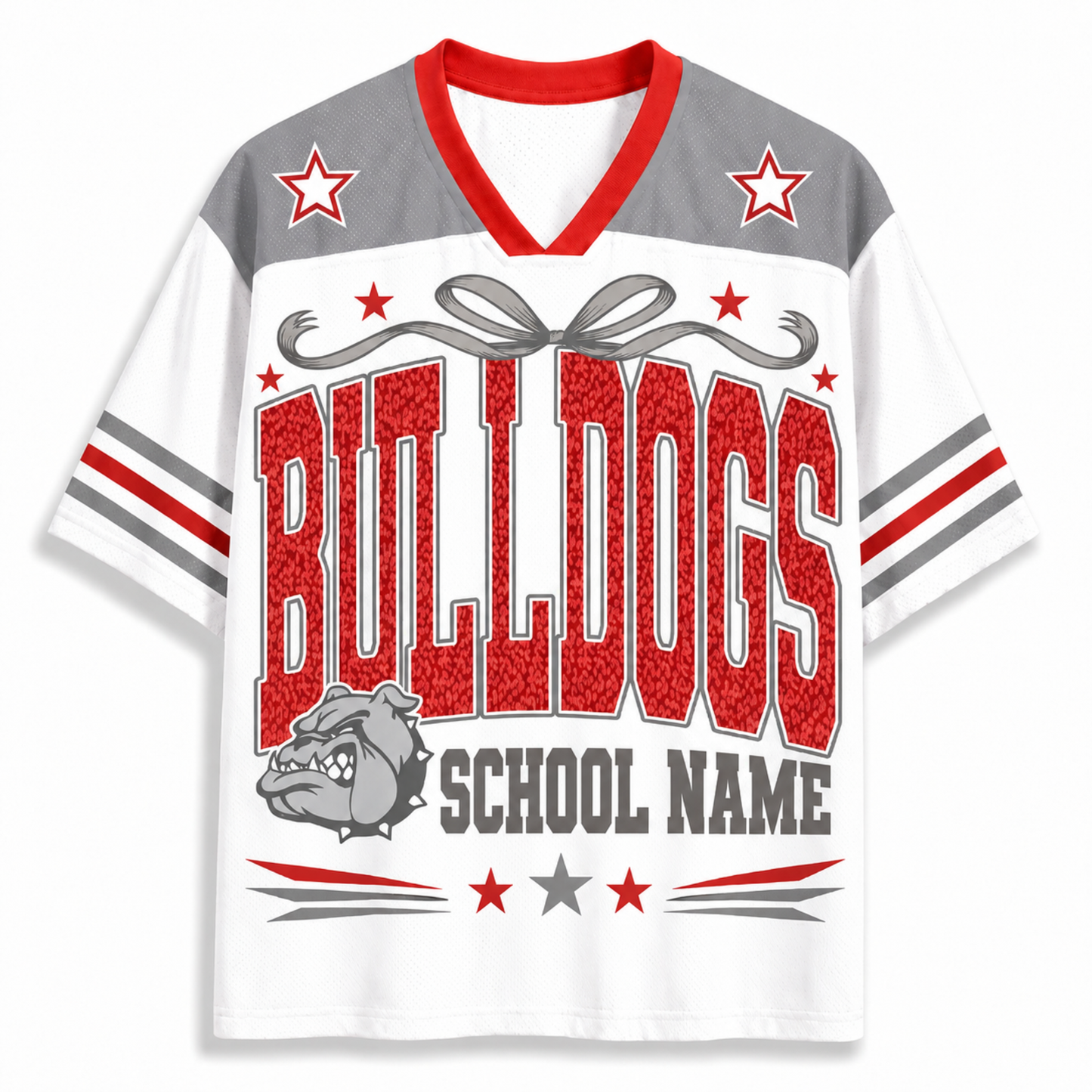 A white short-sleeve V-neck athletic-style shirt with red and gray graphics. The front features the word 'BULLDOGS' in large red letters with gray outlines, a gray bulldog illustration below, and the text 'SCHOOL NAME' in gray.