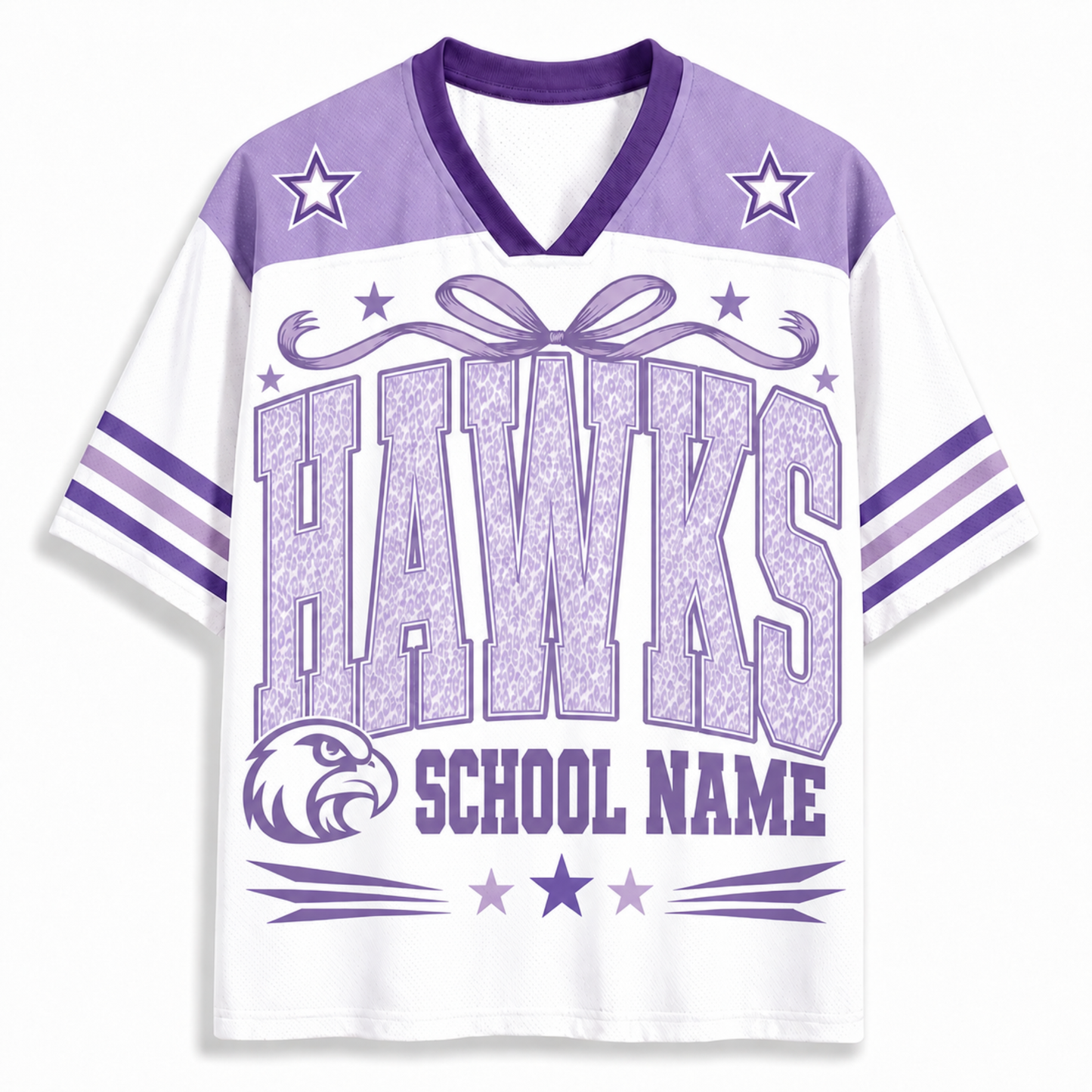 A white and purple short-sleeve V-neck jersey-style shirt with 'HAWKS' and 'SCHOOL NAME' printed on the front, plus a hawk head logo and star details, shown on a plain light background.