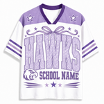 A white and purple short-sleeve V-neck jersey-style shirt with 'HAWKS' and 'SCHOOL NAME' printed on the front, plus a hawk head logo and star details, shown on a plain light background.