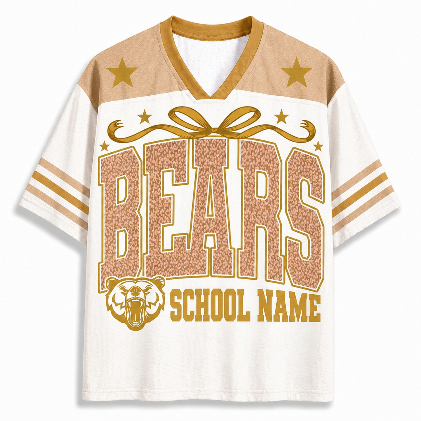 A customizable V-neck athletic t-shirt with a white body, tan shoulder panels, and gold accents. The front features a large textured 'BEARS' graphic, a roaring bear head logo, and the placeholder text 'SCHOOL NAME'.