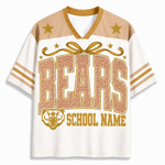 A customizable V-neck athletic t-shirt with a white body, tan shoulder panels, and gold accents. The front features a large textured 'BEARS' graphic, a roaring bear head logo, and the placeholder text 'SCHOOL NAME'.