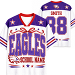 A custom Eagles school jersey shown from both front and back. The jersey is white with purple and red details, featuring 'EAGLES' and 'SCHOOL NAME' on the front, and 'SMITH' and '88' on the back.