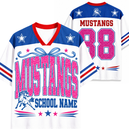 A white, blue, and red custom sports jersey shown from both the front and back. The front features 'MUSTANGS SCHOOL NAME' in glittery pink letters, a blue ribbon graphic, and a running wild horse logo.