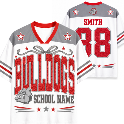 A white and gray custom football jersey with red accents, featuring 'BULLDOGS' and 'SMITH' with the number '88' on the front and back. The design includes a bulldog mascot graphic, star details, and 'SCHOOL NAME' printed on the front.