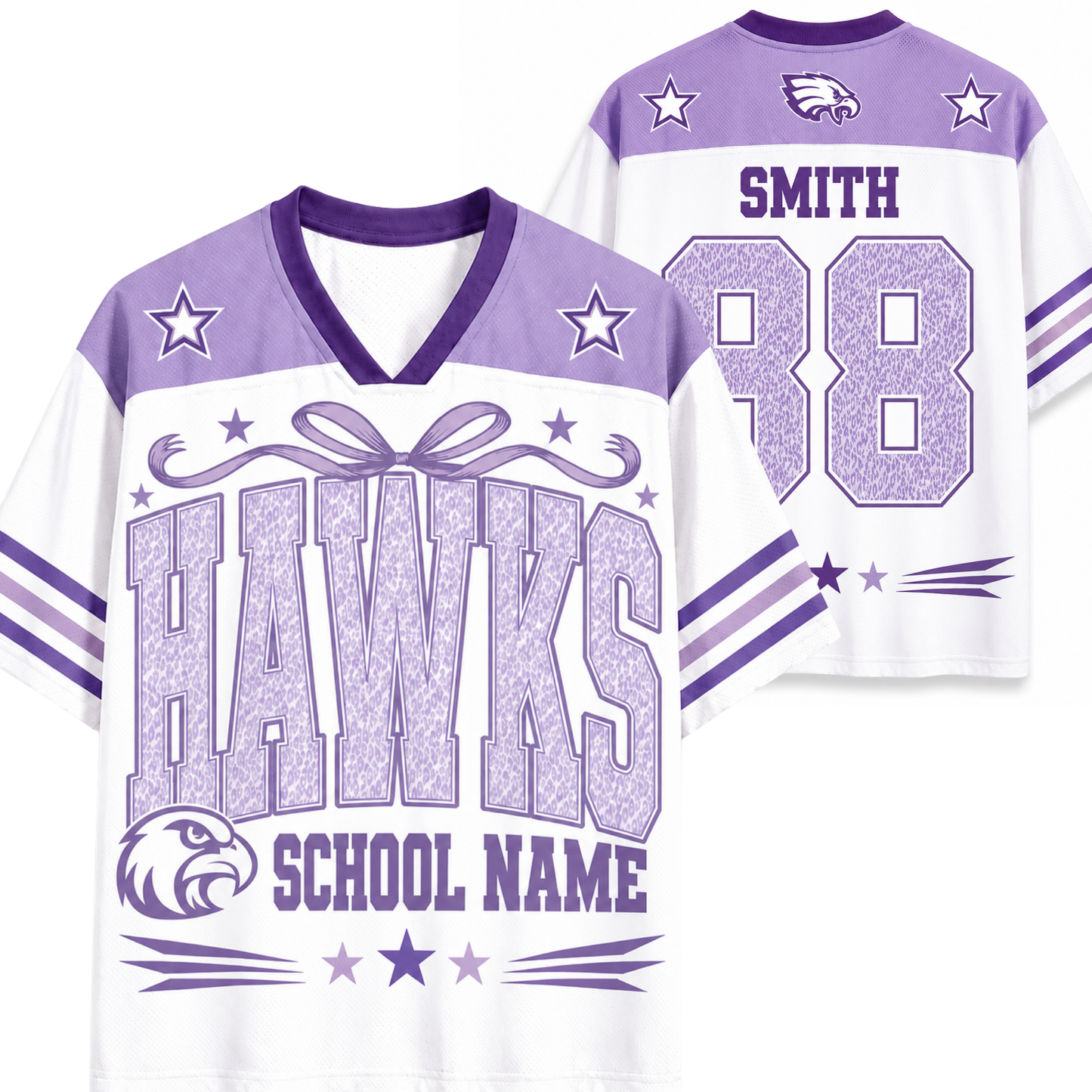 A white and purple custom sports jersey shown from both the front and back. The front features 'HAWKS' in large textured block letters, a purple V-neck collar, and 'SCHOOL NAME' at the bottom.
